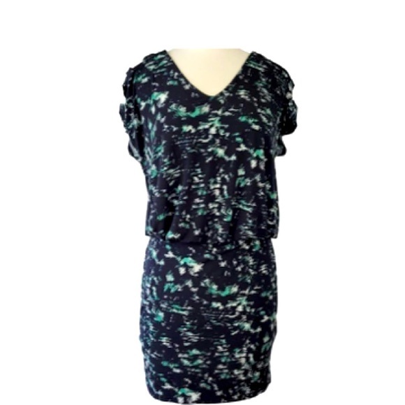 BCBGeneration black with teal and white pattern multicolor keyhole v neck midi - Picture 1 of 13